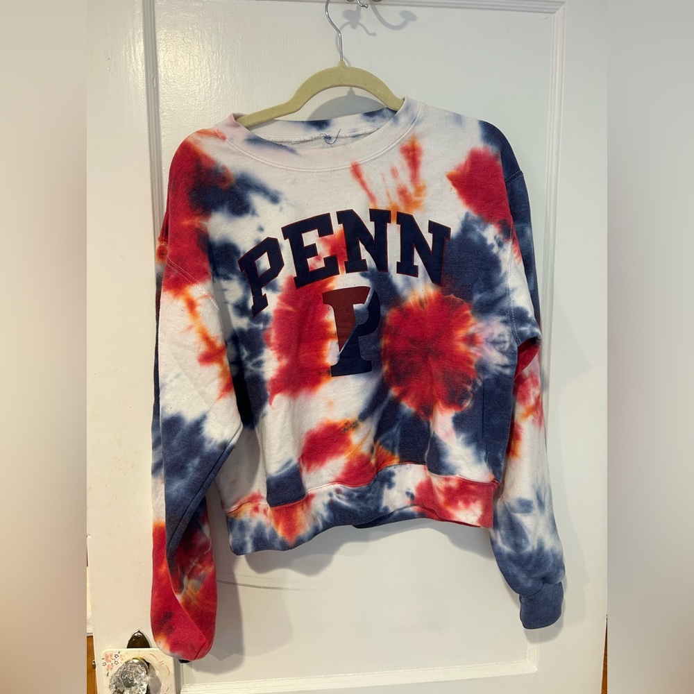 Red and blue tie dye University of Pennsylvania sweatshirt